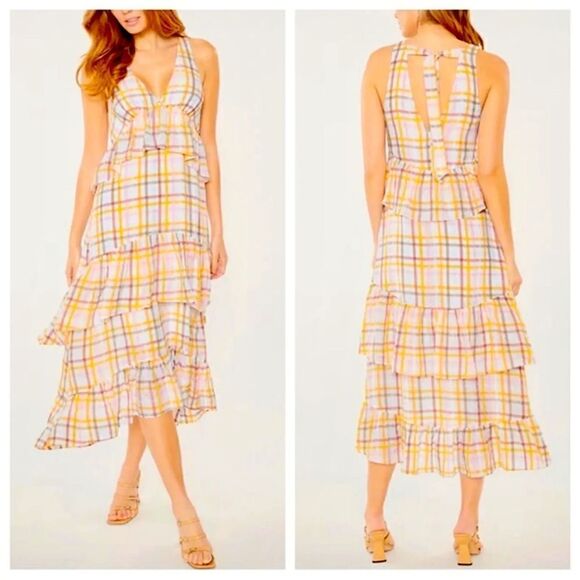 NWT Cinq A Sept Astor Tiered Midi Dress Plaid Sleeveless Ruffle Size 8 - Picture 16 of 16